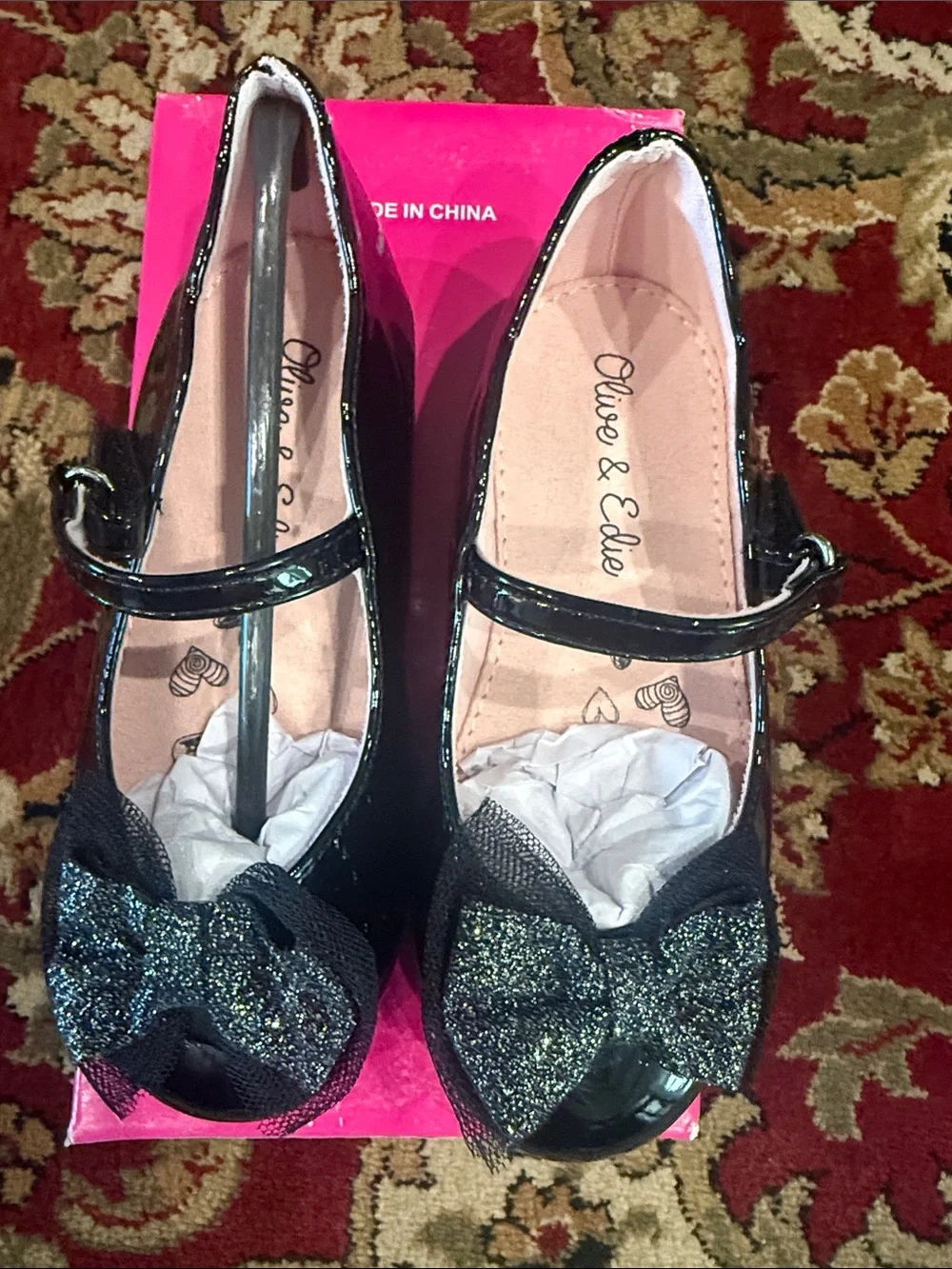 Olive & Edie Black Patent Mary Jane Shoes with Glitter Bow